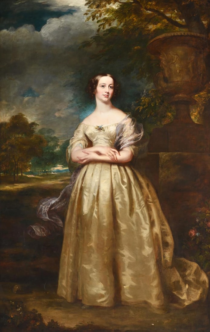 ROBERT FAULKNER (BRITISH 19TH CENTURY), PORTRAIT OF A LADY IN A YELLOW DRESS WITH PARKLAND BEYOND (1 of 4)