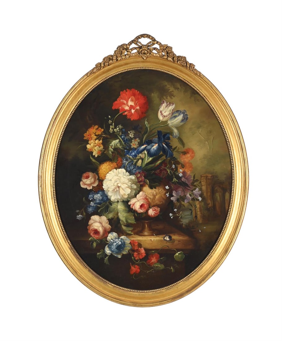 ENGLISH SCHOOL (19TH CENTURY), STILL LIFE OF FLOWERS ON A LEDGE WITH LANDSCAPE BEYOND (1 of 3)
