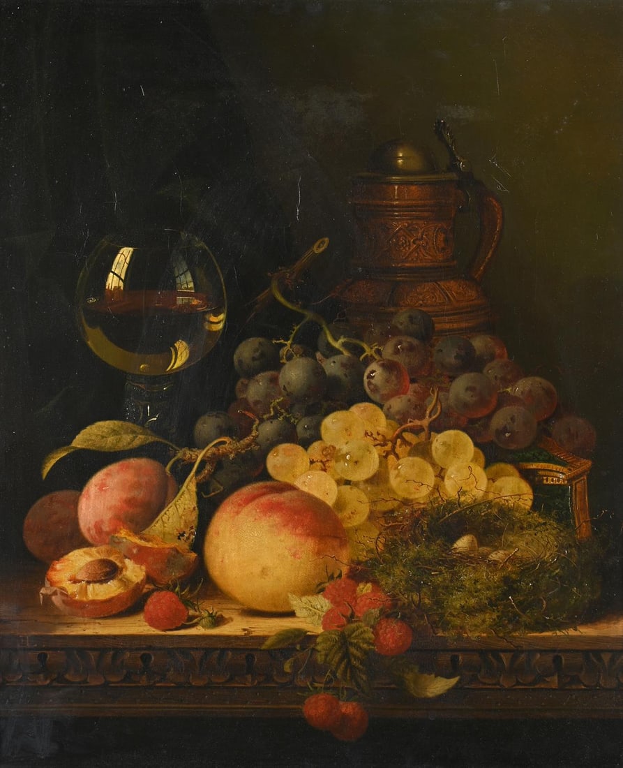 EDWARD LADELL (BRITISH 1821-1886), STILL LIFE OF PEACHES, GRAPES AND RASPBERRIES (1 of 3)
