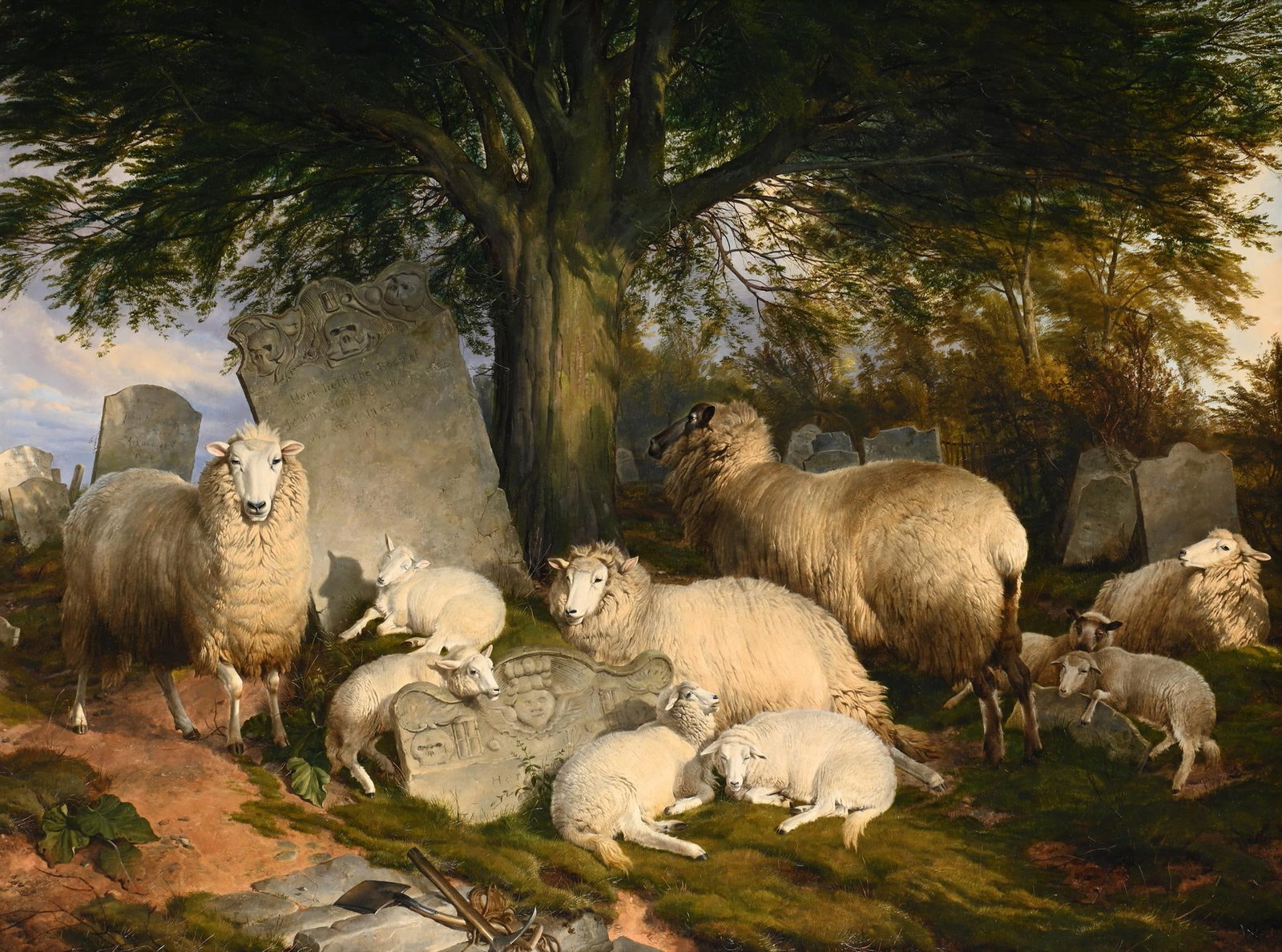 THOMAS SIDNEY COOPER (BRITISH 1803-1902), REPOSING ON GOD'S ACRE, TOGETHER WITH A SKETCH (2): THOMAS SIDNEY COOPER (BRITISH 1803-1902)REPOSING ON GOD'S ACREOil on canvasSigned and dated '1875' (lower right)122.5 x 164cm (48 x 64½in.) (2)Together with a sketch for 'Reposing on God's Acre',