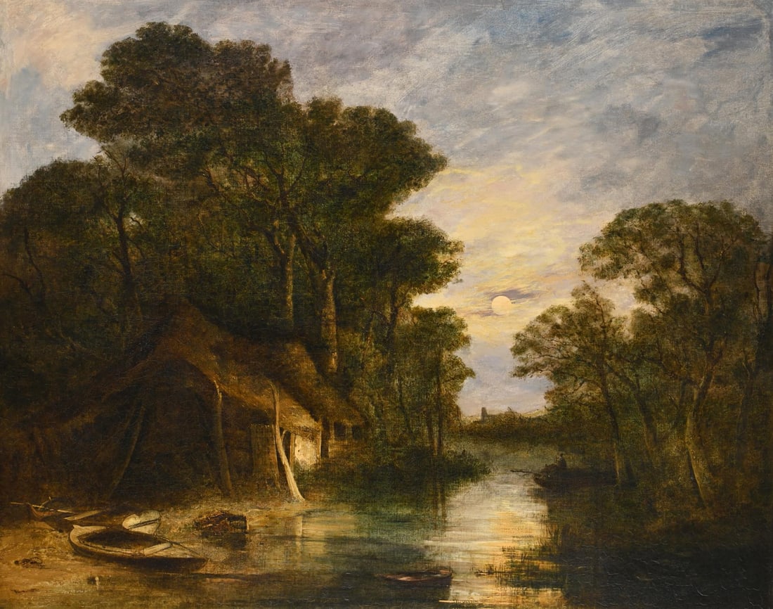 ATTRIBUTED TO JOHN BERNEY CROME (BRITISH 1794-1842), COTTAGE IN A MOONLIT RIVER LANDSCAPE (1 of 3)