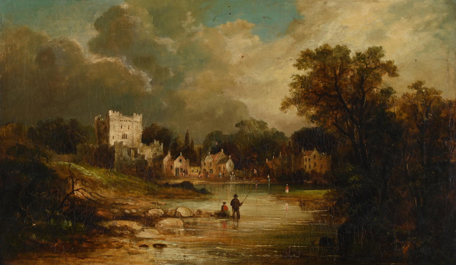 NORWICH SCHOOL (19TH CENTURY), FISHING ON A LAKE WITH A TOWN BEYOND (1 of 3)