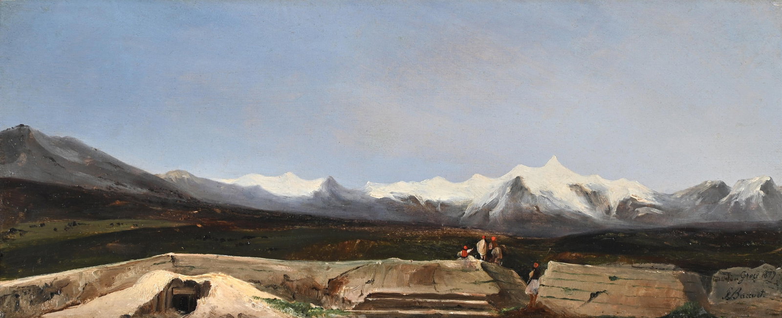 PROSPER BACCUET (FRENCH 1798-1854), FIGURES IN A MOUNTAINOUS LANDSCAPE: PROSPER BACCUET (FRENCH 1798-1854)FIGURES IN A MOUNTAINOUS LANDSCAPE, GREECEOil on canvasBears signature, inscribed and dated 'P Baccuët, Grece, 1829' (lower right)17.5 x 43cm (6¾ x 16¾