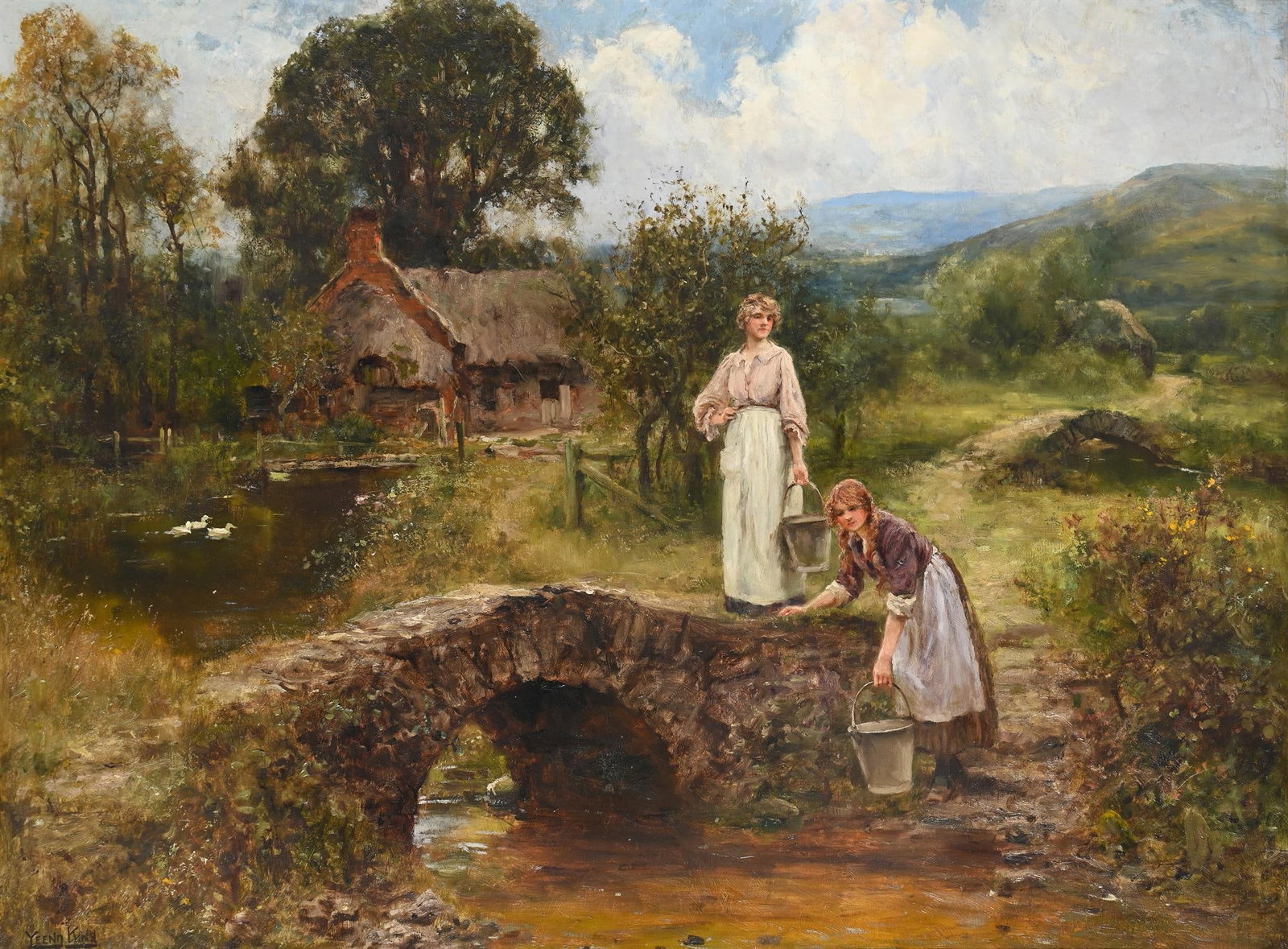 HENRY JOHN YEEND KING (BRITISH 1855-1924), YOUNG WOMEN BY A BRIDGE IN A COUNTRY LANDSCAPE (1 of 3)
