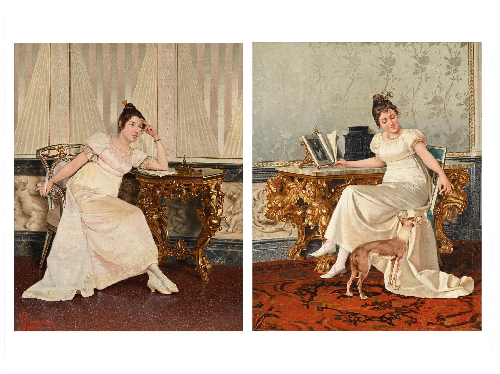 VITTORIO REGGIANINI (ITALIAN 1858-1938)THE LETTER; THE TREATOil on canvasBoth signed (lower left) (1 of 7)