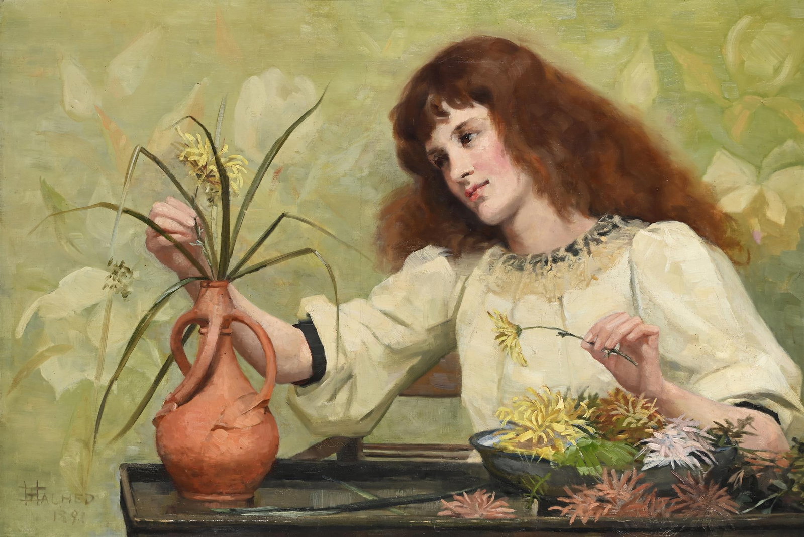 HARRIET HALHED (BRITISH 1851-1933), ARRANGING FLOWERS (1 of 3)
