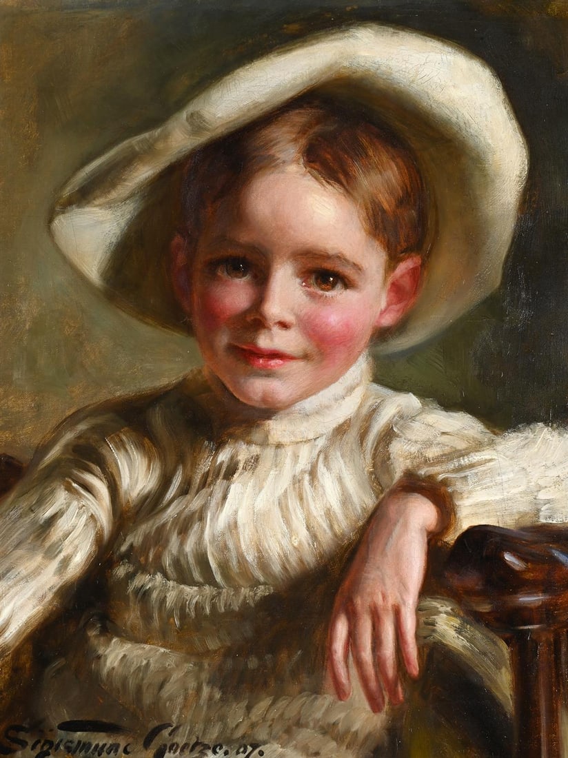 SIGISMUND GOETZE (BRITISH 1866-1939), PORTRAIT OF A YOUNG BOY WITH A WHITE HAT (1 of 3)