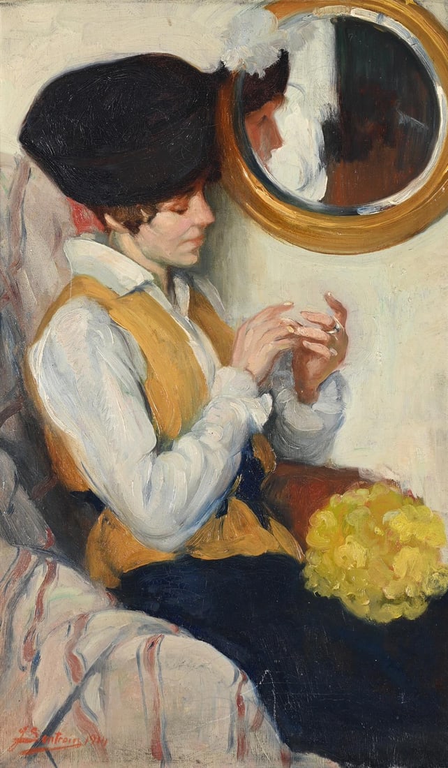 JULES LENTREIN (BELGIAN 1875-1943), PORTRAIT OF A WOMAN SEWING BY A MIRROR (1 of 3)