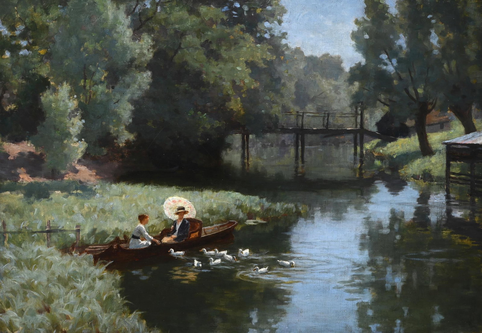 ATTRIBUTED TO ROBERT PEYTON REID (SCOTTISH 1859-1945), A MOTHER AND DAUGHTER FEEDING DUCKS IN A PUNT (1 of 3)