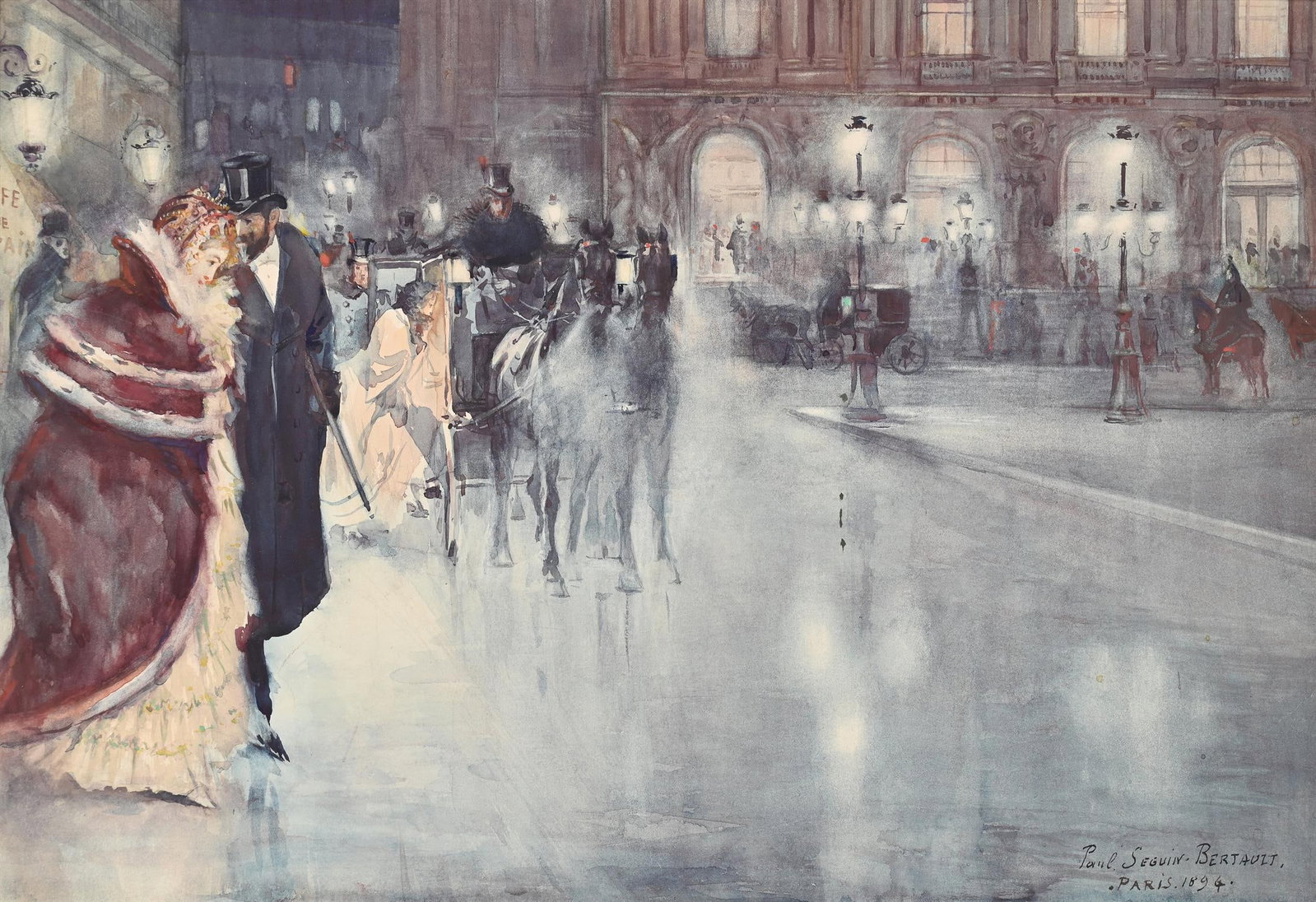 λ PAUL SEGUIN BERTAULT (FRENCH 1869-1964), SORTIE DE L'OPERA, PARIS: λ PAUL SEGUIN BERTAULT (FRENCH 1869-1964)SORTIE DE L'OPERA, PARISWatercolourSigned and dated '1894' (lower right); signed and inscribed (verso)36 x 53cm (14 x 20¾in.)Provenance:Sale, Hindman