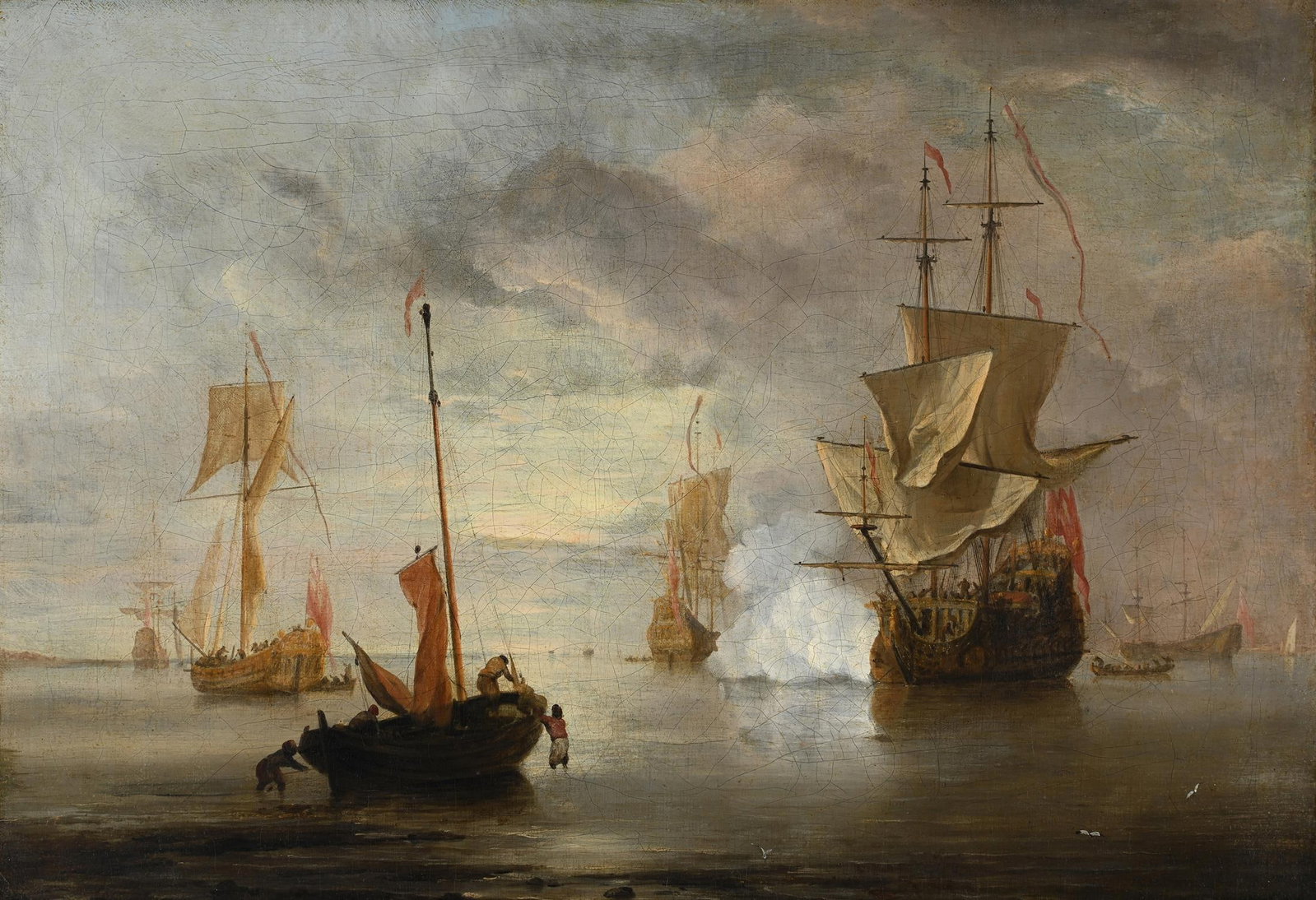 FOLLOWER OF WILLEM VAN DER VELDE THE YOUNGER, A MAN-O-WAR FIRING A SALUTE AND OTHER SHIPPING (1 of 3)