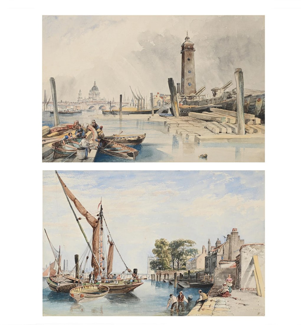 JOHN WILSON CARMICHAEL (BRITISH 1800-1868), BELOW WATERLOO BRIDGE; WHITEHALL GARDENSWatercolour: JOHN WILSON CARMICHAEL (BRITISH 1800-1868)BELOW WATERLOO BRIDGE; WHITEHALL GARDENSWatercolour, a pairBoth signed with initials and dated '1849' (lower left and right, respectively)Each 29.5 x 44.5cm (
