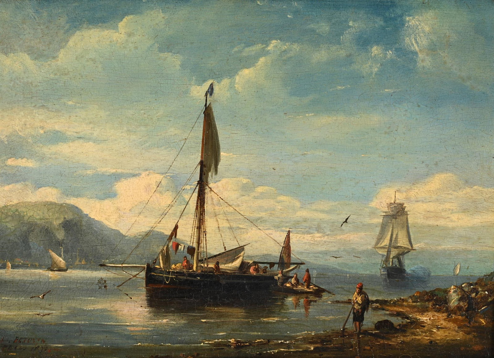 FOLLOWER OF EUGÉNE MODESTE EDMOND LE POITTEVIN, FISHING BOAT OFF SHORE WITH A MAN-O-WAR BEYOND: FOLLOWER OF EUGÉNE MODESTE EDMOND LE POITTEVINFISHING BOAT OFF SHORE WITH A MAN-O-WAR BEYONDOil on panelIndistinctly signed 'L. POTEVYN [], inscribed and dated '1870' (lower left)18 x 25cm (7 x 9