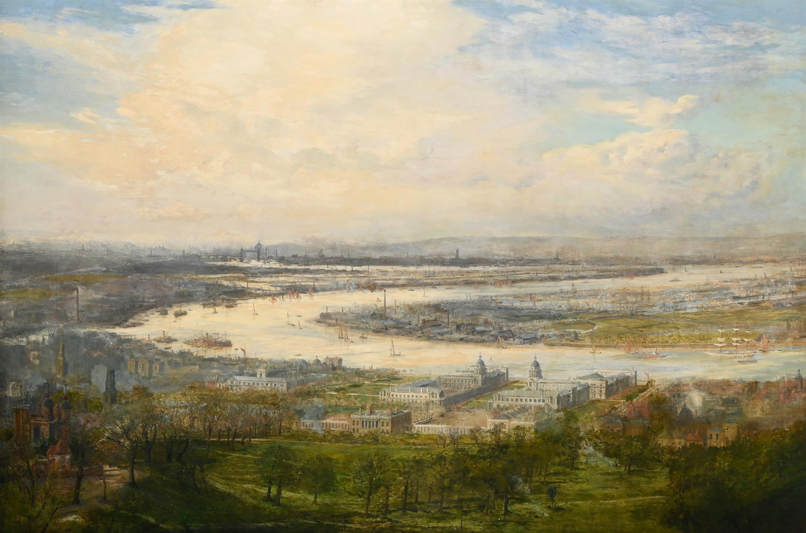 WILLIAM LIONEL WYLLIE (BRITISH 1851-1931), THE FLOWING RIVER WINDS PAST: WILLIAM LIONEL WYLLIE (BRITISH 1851-1931)THE FLOWING RIVER WINDS PAST PALACE, PARK, AND THE HOMES OF TOILING MILLIONSOil on canvas122 x 183.5cm (48 x 72in.)Provenance:Malcolm Henderson Gallery, London