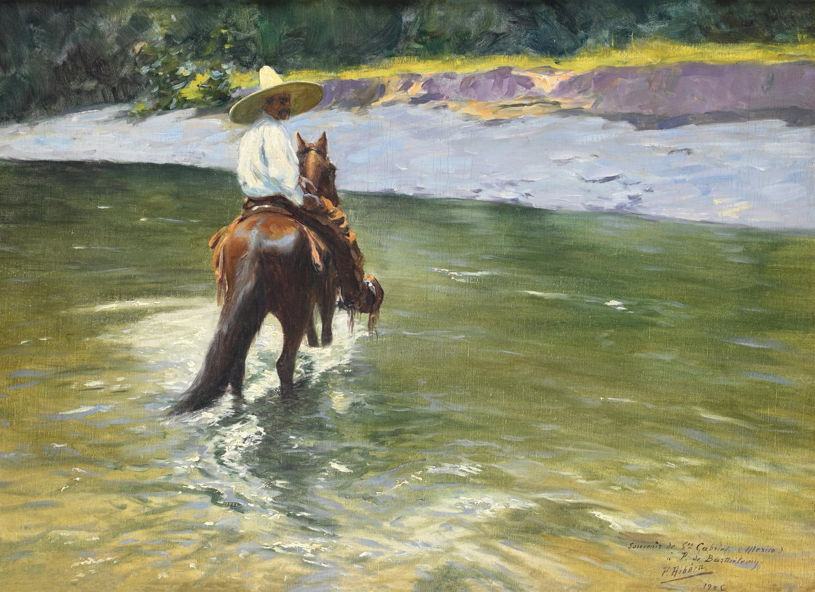 PEDRO RIBERA (SPANISH 1867-1949), FIGURE ON A HORSE FORDING A RIVER: PEDRO RIBERA (SPANISH 1867-1949)FIGURE ON A HORSE FORDING A RIVEROil on canvasSigned and inscribed 'Souvenir de S. Gabriel (Mexico)...1905' (lower right)50 x 64.5cm (19½ x 25¼in.)Provenance: