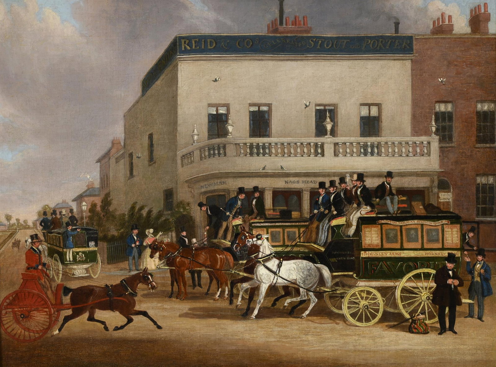 JAMES POLLARD (BRITISH 1797-1867), OMNIBUSES OUTSIDE THE NAG'S HEAD, HOLLOWAY: JAMES POLLARD (BRITISH 1797-1867)OMNIBUSES OUTSIDE THE NAG'S HEAD, HOLLOWAYOil on canvas45.5 x 61cm (17¾ x 24in.)Provenance:Sale, Christie's, London, 18 January 1946, lot 103Leggatt Brothers, Lon