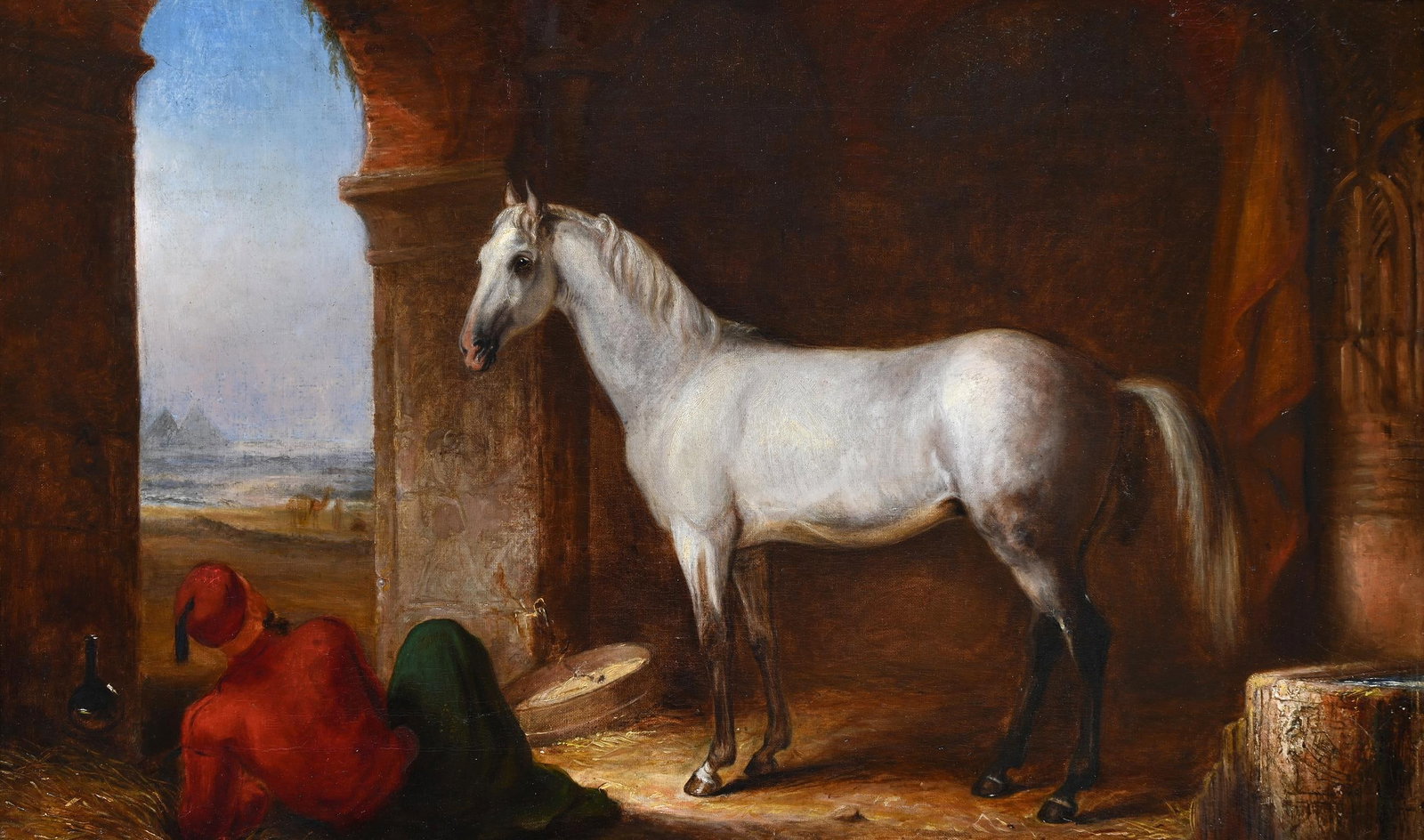 BRITISH SCHOOL (19TH CENTURY), ARAB HORSE WITH GROOM AND PYRAMIDS BEYOND (1 of 3)