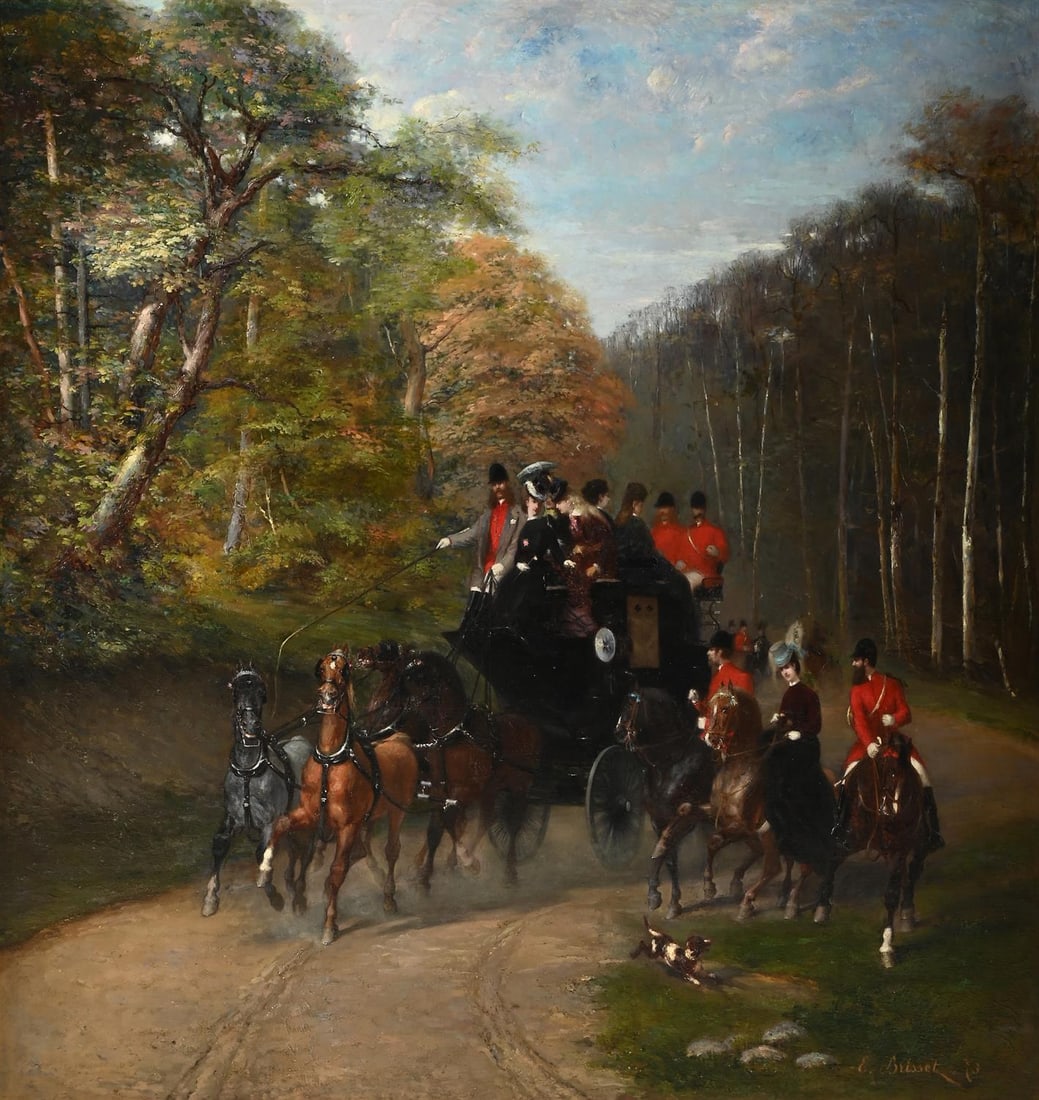 EMILE BRISSET (FRENCH 1860-1904), CARRIAGE RIDE TO THE HUNT (1 of 4)