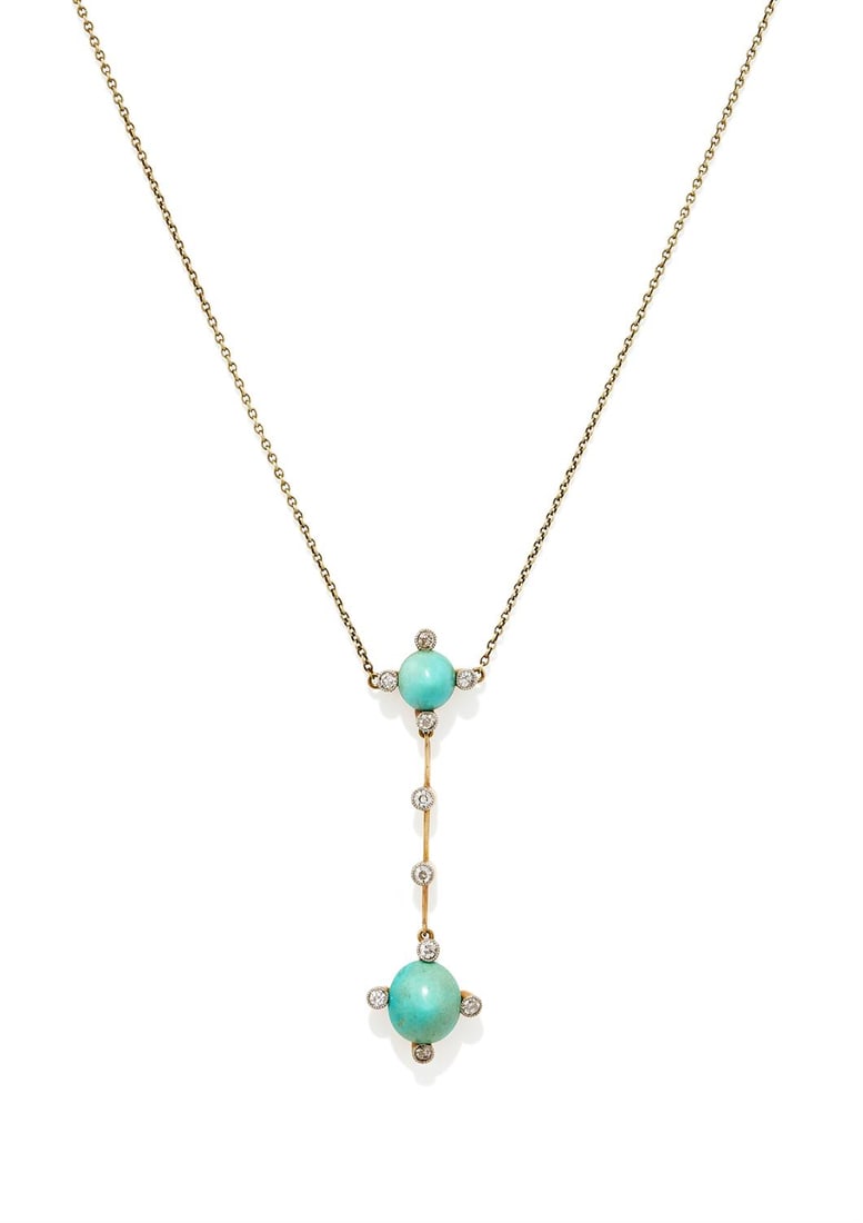 AN EARLY 20TH CENTURY TURQUOISE AND DIAMOND PENDANT NECKLACE (1 of 2)