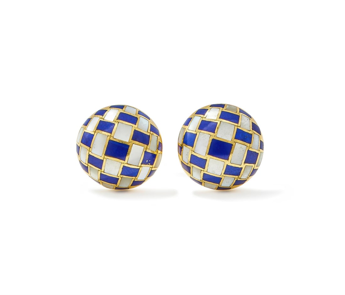 Y ANGELA CUMMINGS FOR TIFFANY & CO, A PAIR OF LAPIS LAZULI AND MOTHER-OF-PEARL CUFFLINKS: Y ANGELA CUMMINGS FOR TIFFANY & CO, A PAIR OF LAPIS LAZULI AND MOTHER-OF-PEARL CUFFLINKSEach composed of a smaller and larger domed terminal of chequerboard design, inlaid with rectangular mother-of-p