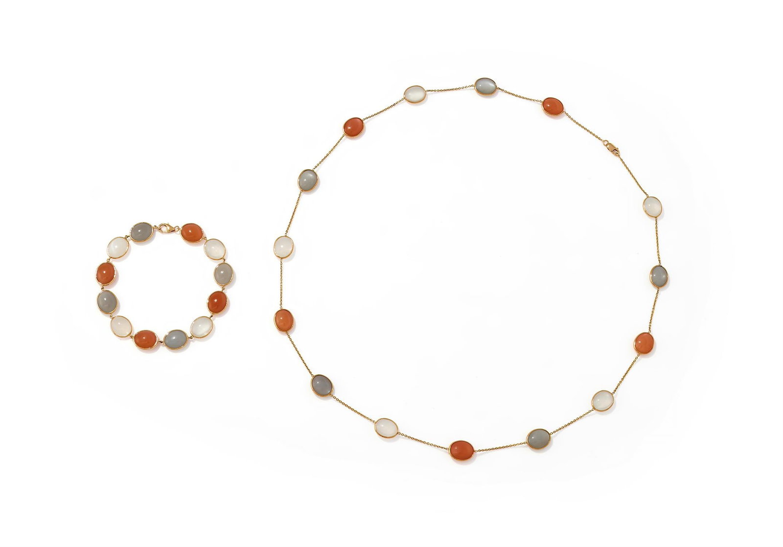 A COLOURED MOONSTONE NECKLACE AND BRACELET (1 of 2)