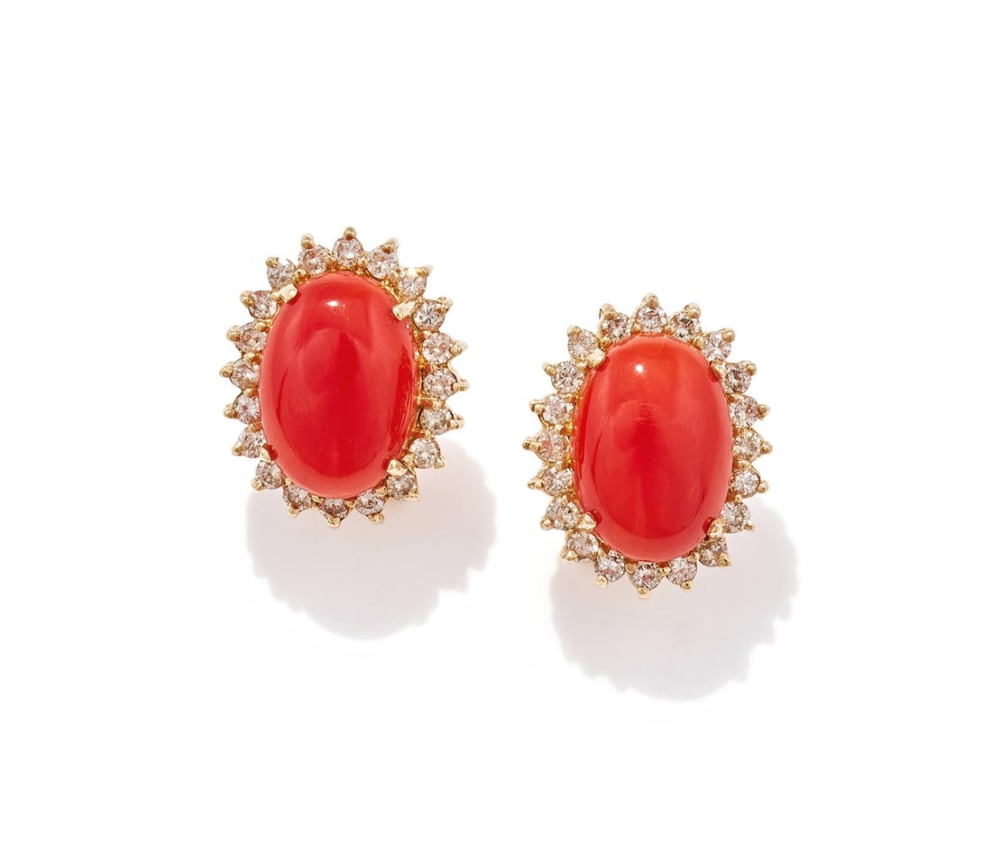 Y A PAIR OF DIAMOND AND CORAL CLUSTER EARRINGS (1 of 2)