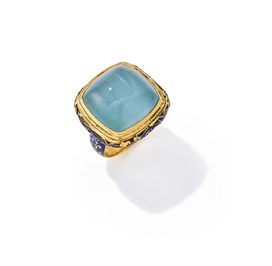 AN AQUAMARINE AND ENAMEL DRESS RING (1 of 3)