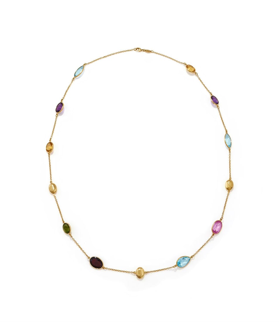 LAUREL, A GEM SET LONG CHAIN: LAUREL, A GEM SET LONG CHAINThe cable link chain spectacle set with vari cut amethyst, citrine, blue topaz, garnet and peridot, with facetted 18ct gold beads between, signed Laurel, UK hallmarkSize/di