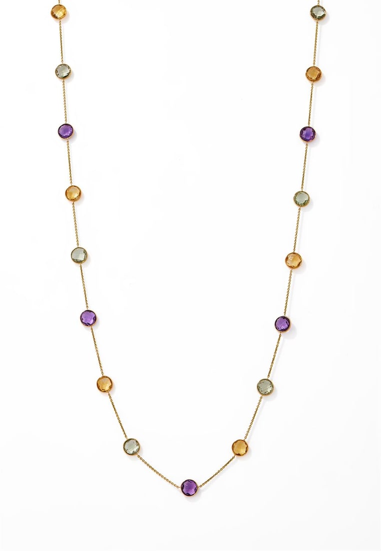 A QUARTZ CHAIN NECKLACE: A QUARTZ CHAIN NECKLACE The circular facetted amethysts, citrine and green quartz in spectacle settings, the lobster claw clasp stamped 750 Size/dimensions: 60.5cm long Gross weight: 11.2 grams