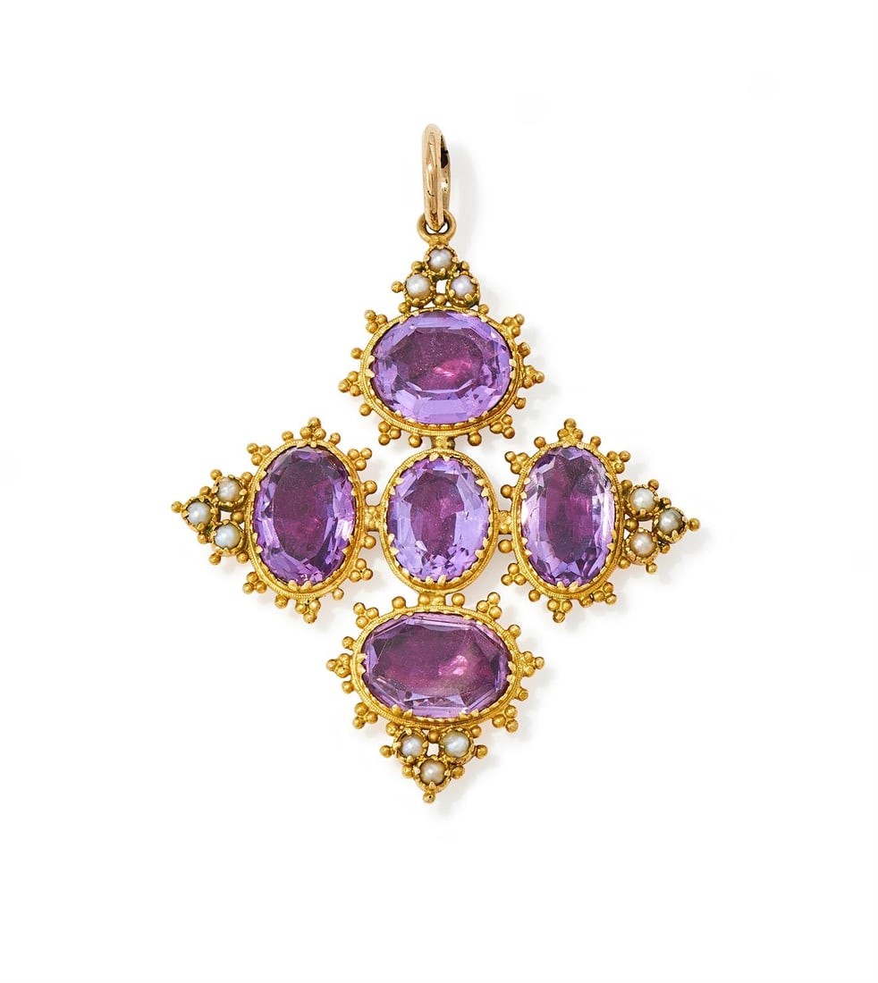A MID 19TH CENTURY AMETHYST AND SPLIT PEARL CROSS PENDANT: A MID 19TH CENTURY AMETHYST AND SPLIT PEARL CROSS PENDANTComposed of five oval cut amethysts in foiled closed back settings, in beadwork mounts with split pearl trefoil cardinal points,