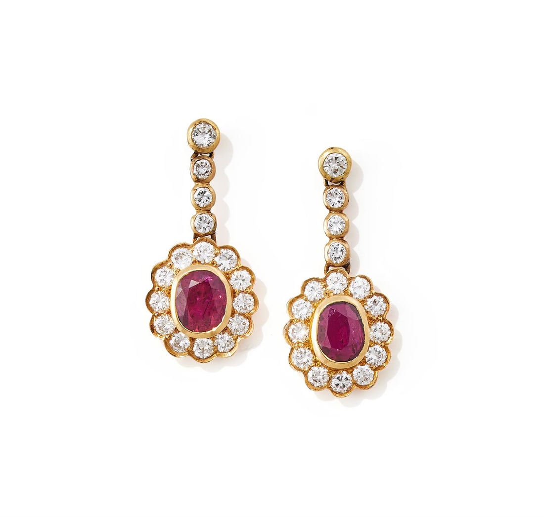 A PAIR OF RUBY AND DIAMOND CLUSTER PENDANT EARRINGS (1 of 2)