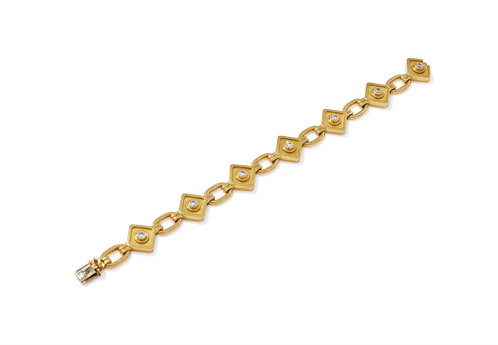 LEO DE VROOMEN FOR BOODLES, A DIAMOND SET BRACELET: LEO DE VROOMEN FOR BOODLES, A DIAMOND SET BRACELETLONDON, 1993Designed as 18ct gold square panels with collet set brilliant cut diamond centres on a textured surround within raised borders, between