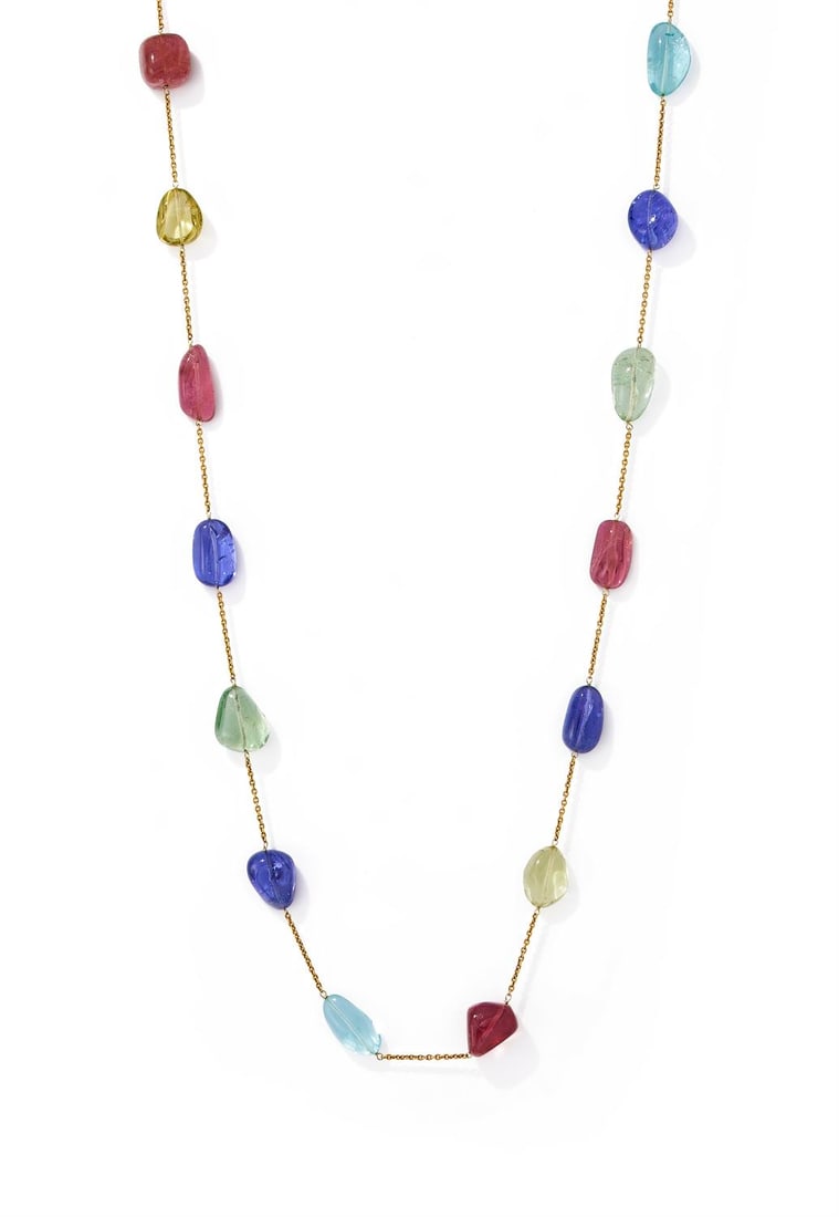 A POLISHED GEM NECKLACE: A POLISHED GEM NECKLACE The belcher link chain set with tumble polished pink tourmaline, tanzanite, lemon quartz and prehnite beads, the clasp stamped 750Size/dimensions: 65.5cm long Gross weight: