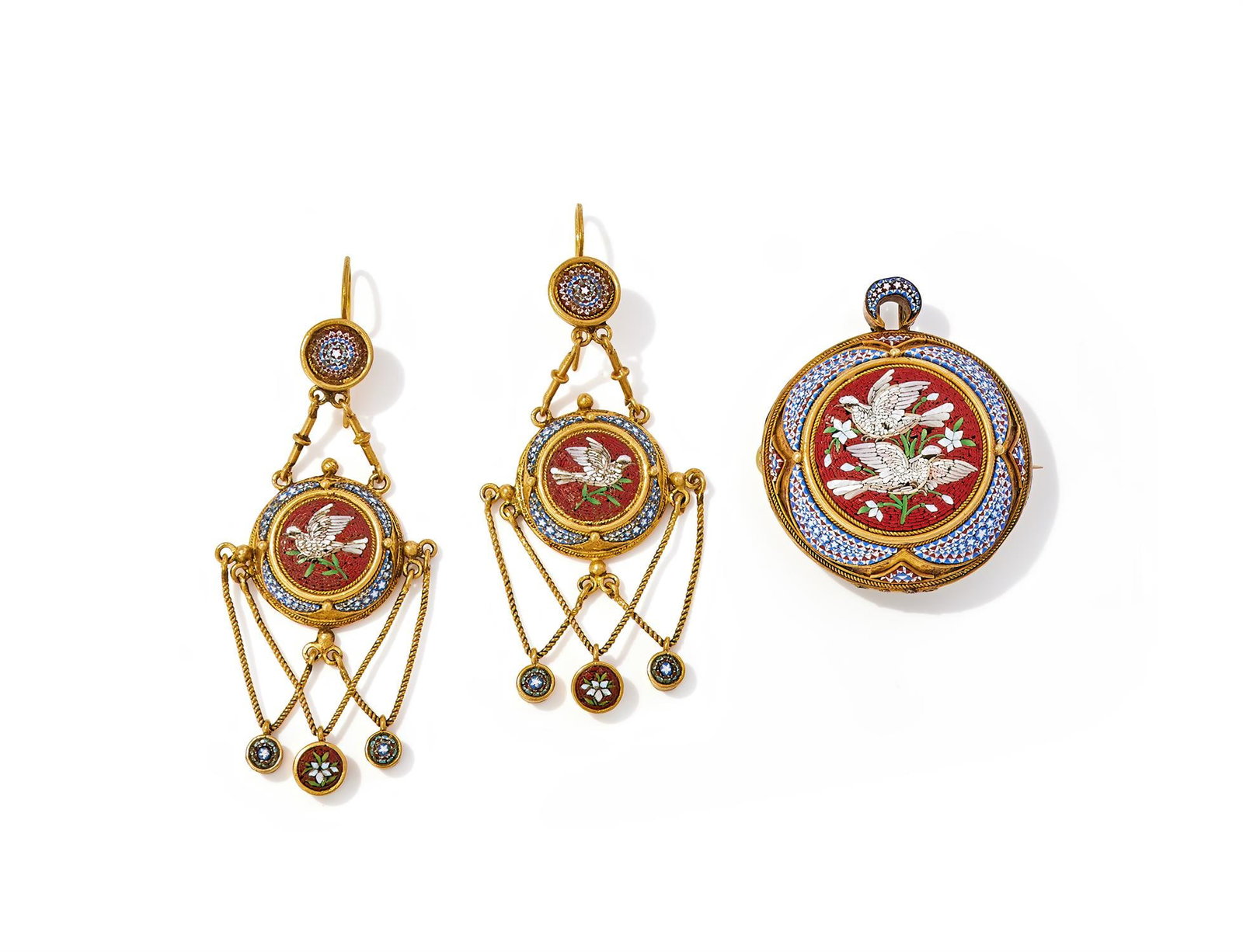 AN ITALIAN LATE 19TH CENTURY MICROMOSAIC BROOCH/PENDANT AND EARRING SET (1 of 2)