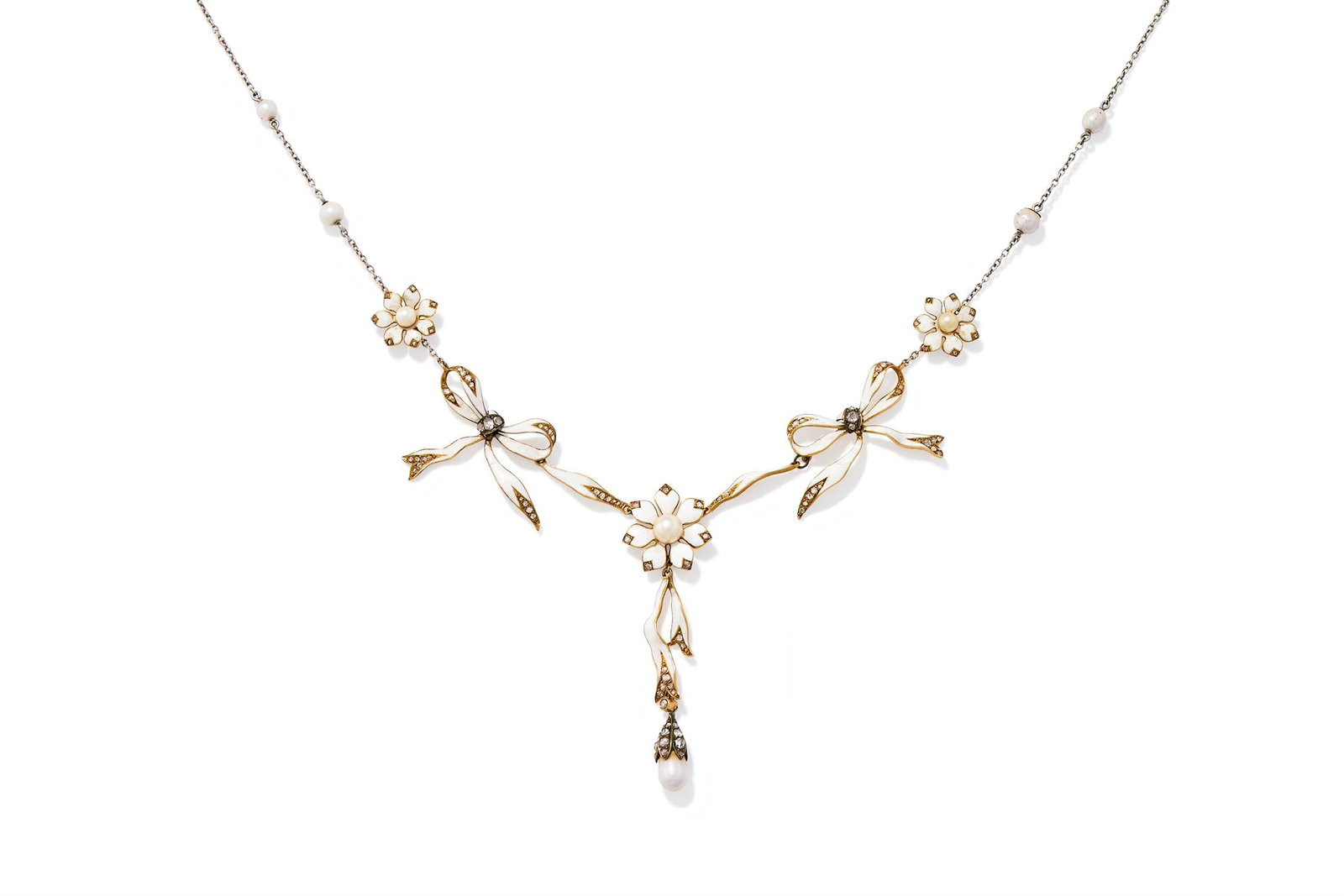 AN ENAMEL, DIAMOND AND PEARL NECKLACE (1 of 2)