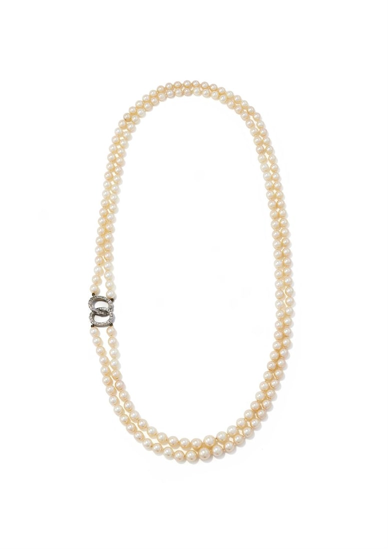 A TWO-ROW CULTURED PEARL AND DIAMOND NECKLACE (1 of 4)