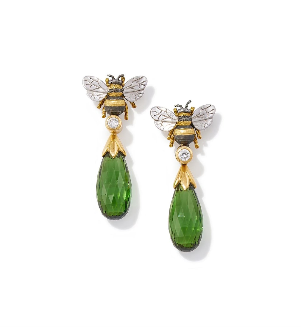 THEO FENNELL, A PAIR OF TOURMALINE AND DIAMOND 'BEE' DROP EARRING: THEO FENNELL, A PAIR OF TOURMALINE AND DIAMOND 'BEE' DROP EARRINGSLONDON 2011Each designed as an 18ct gold black and yellow bee with engraved wings, suspending a briolette cut green tourmaline to a
