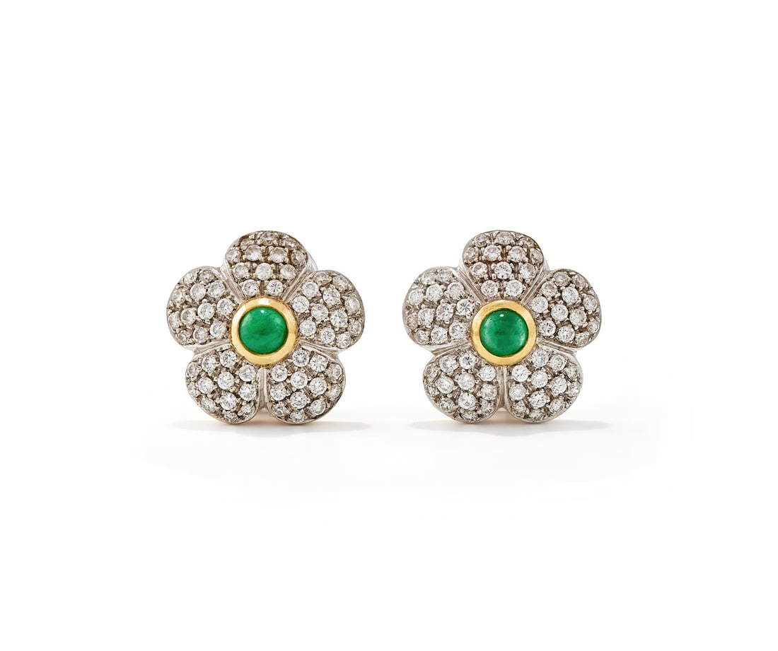 ASPREY, A PAIR OF EMERALD AND DIAMOND EARRINGS: ASPREY, A PAIR OF EMERALD AND DIAMOND EARRINGS Each cabochon emerald within a pavé set brilliant cut diamond petal surround, mounted in 18ct gold, post and clip fittings, signed APlc, UK import m