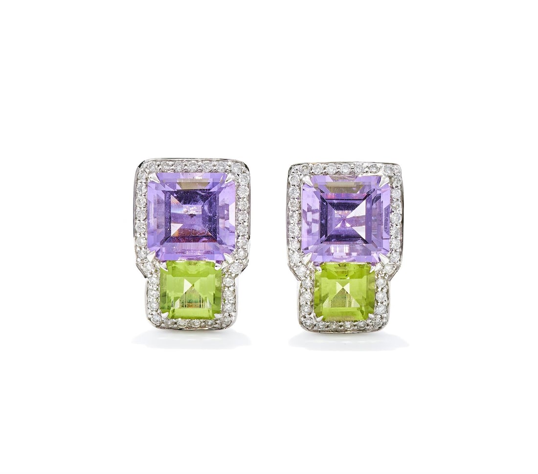 A PAIR OF AMETHYST, PERIDOT AND DIAMOND EARRINGS (1 of 2)