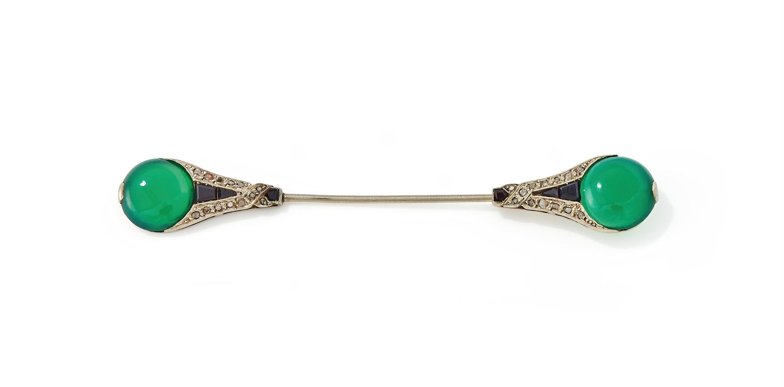 AN ART DECO DIAMOND, ONYX AND CHRYSOPRASE JABOT PIN (1 of 2)