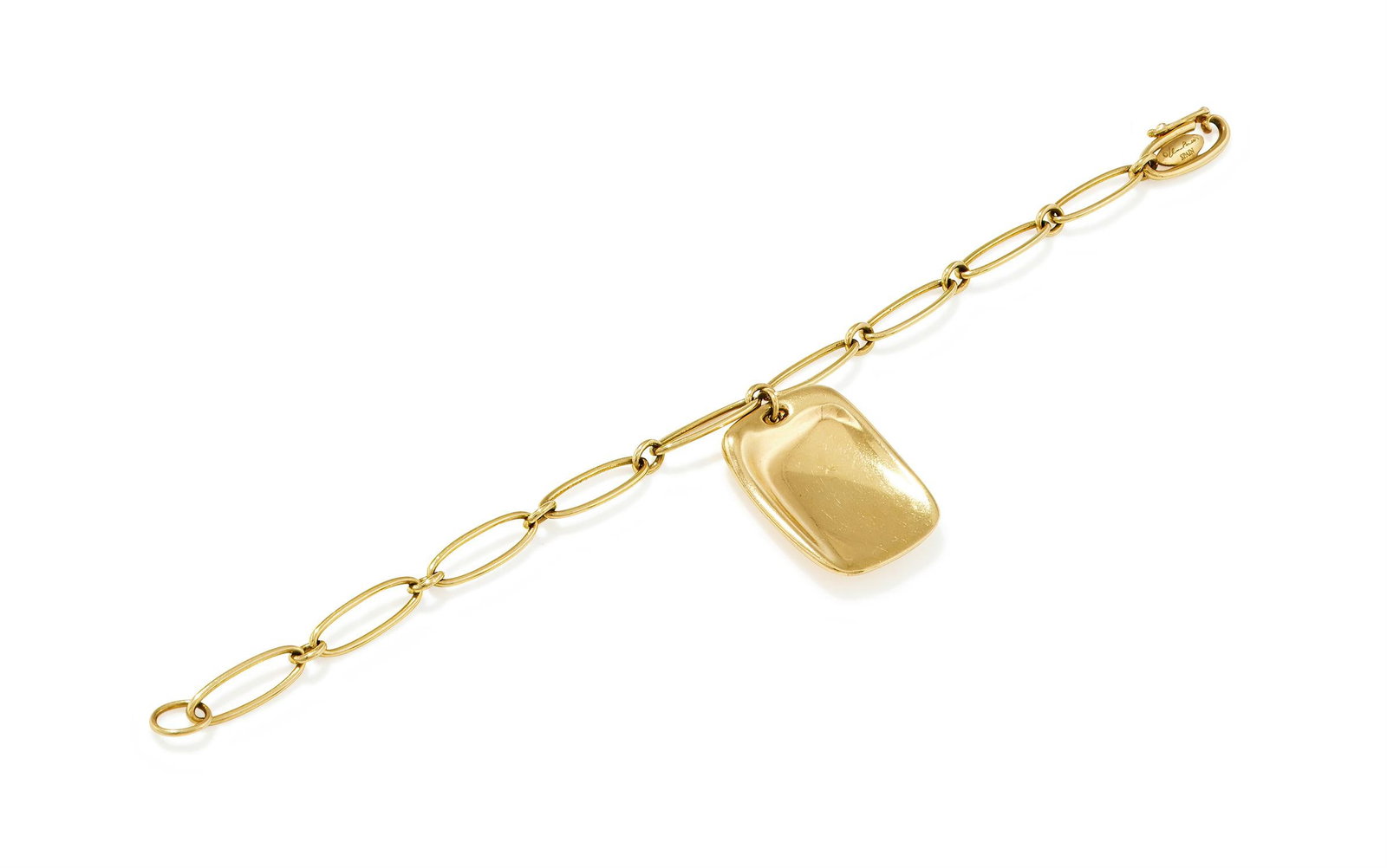ELSA PERETTI FOR TIFFANY & CO., A PENDANT BRACELET: ELSA PERETTI FOR TIFFANY & CO., A PENDANT BRACELETThe oval hooped links suspending a polished rectangular drop, signed Tiffany & Co., Elsa Peretti Spain, stamped 750Size/dimensions: 16.5cm long,