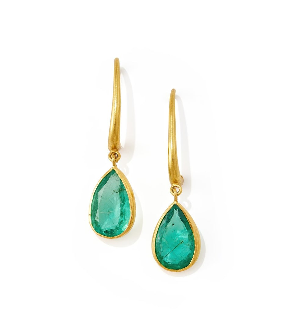 A PAIR OF EMERALD PENDENT EARRINGS: A PAIR OF EMERALD PENDENT EARRINGSEach collet set pear shaped emerald drop, suspended from a 22ct gold hook fitting, UK hallmark, maker's mark LAOSize/dimensions: 4.5cm longGross weight: 9.0 grams