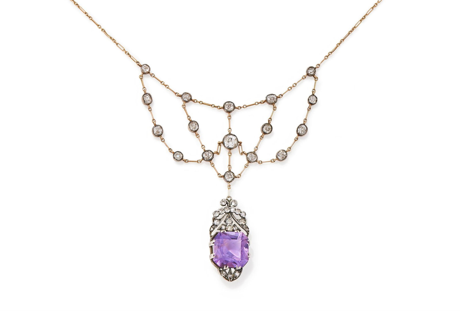A DIAMOND AND AMETHYST SWAG NECKLACE: A DIAMOND AND AMETHYST SWAG NECKLACE EARLY 20TH CENTURY AND LATER The swag front millegrain set with old European cut diamonds, suspending a central square cut amethyst with canted corners, on a