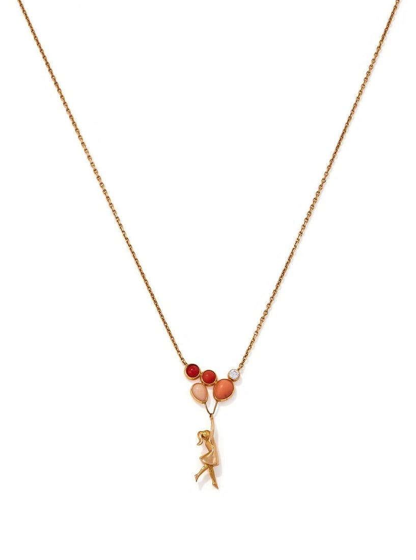 Y VAN CLEEF & ARPELS, A CORAL AND DIAMOND 'MERCREDI A PARIS' NECKLACE: Y VAN CLEEF & ARPELS, A CORAL AND DIAMOND 'MERCREDI A PARIS' NECKLACEDesigned as a young girl holding a cluster of balloons, set with cabochon coral and a brilliant cut diamond, to a filed cable link 