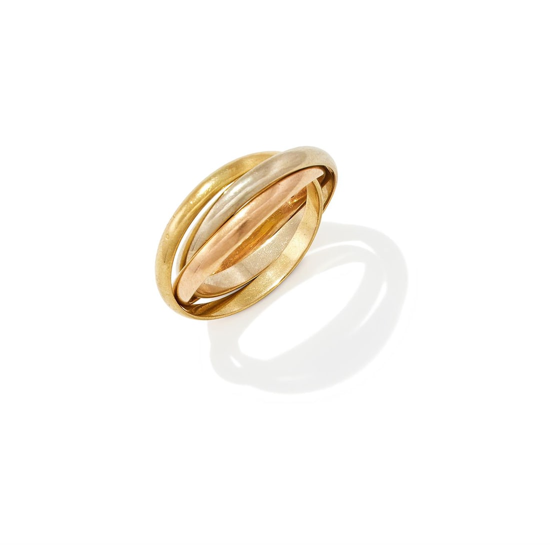 CARTIER, A 'TRINITY' RING: CARTIER, A 'TRINITY' RING Composed of tri-colour interlocking bands, signed Cartier, French poinçon, stamped 750, maker's pouch Size/dimensions: ring size M 1/2Gross weight: 5.5 grams