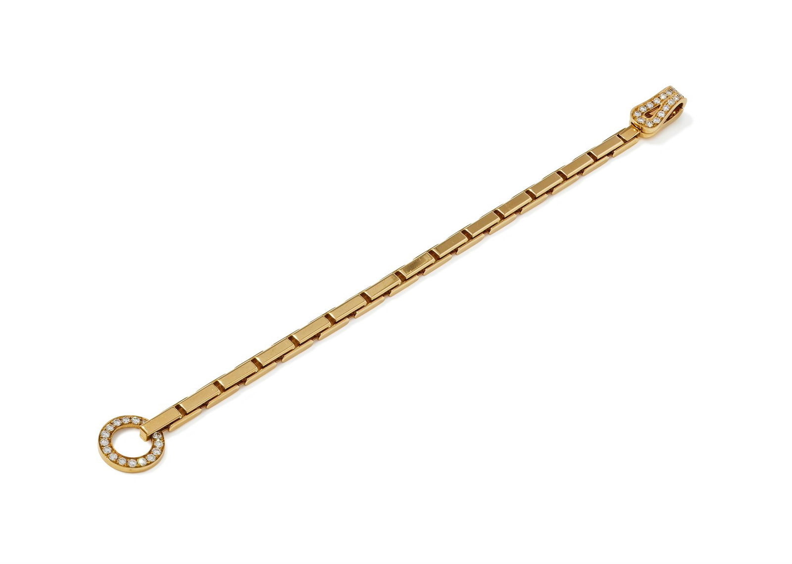 CARTIER, A DIAMOND SET 'AGRAFE' BRACELET: CARTIER, A DIAMOND SET 'AGRAFE' BRACELET The 18ct gold brick link bracelet to a brilliant cut diamond set hook and loop clasp, signed Cartier, numbered 14704A, maker's mark, French poinçon, parti