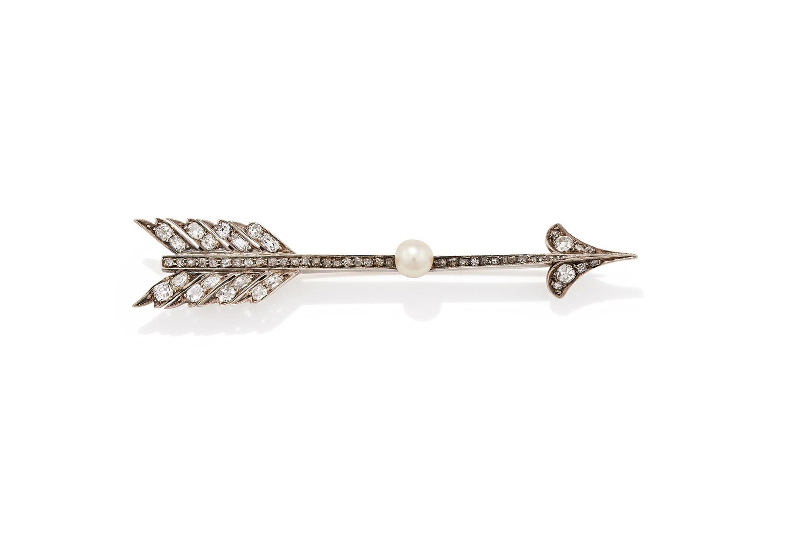 A DIAMOND AND PEARL ARROW BROOCH: A DIAMOND AND PEARL ARROW BROOCHLATE 19TH CENTURY AND LATERThe arrow set throughout with old mine and old European cut diamonds, with a central pearl accent, unmarked, in a fitted red leather case Siz