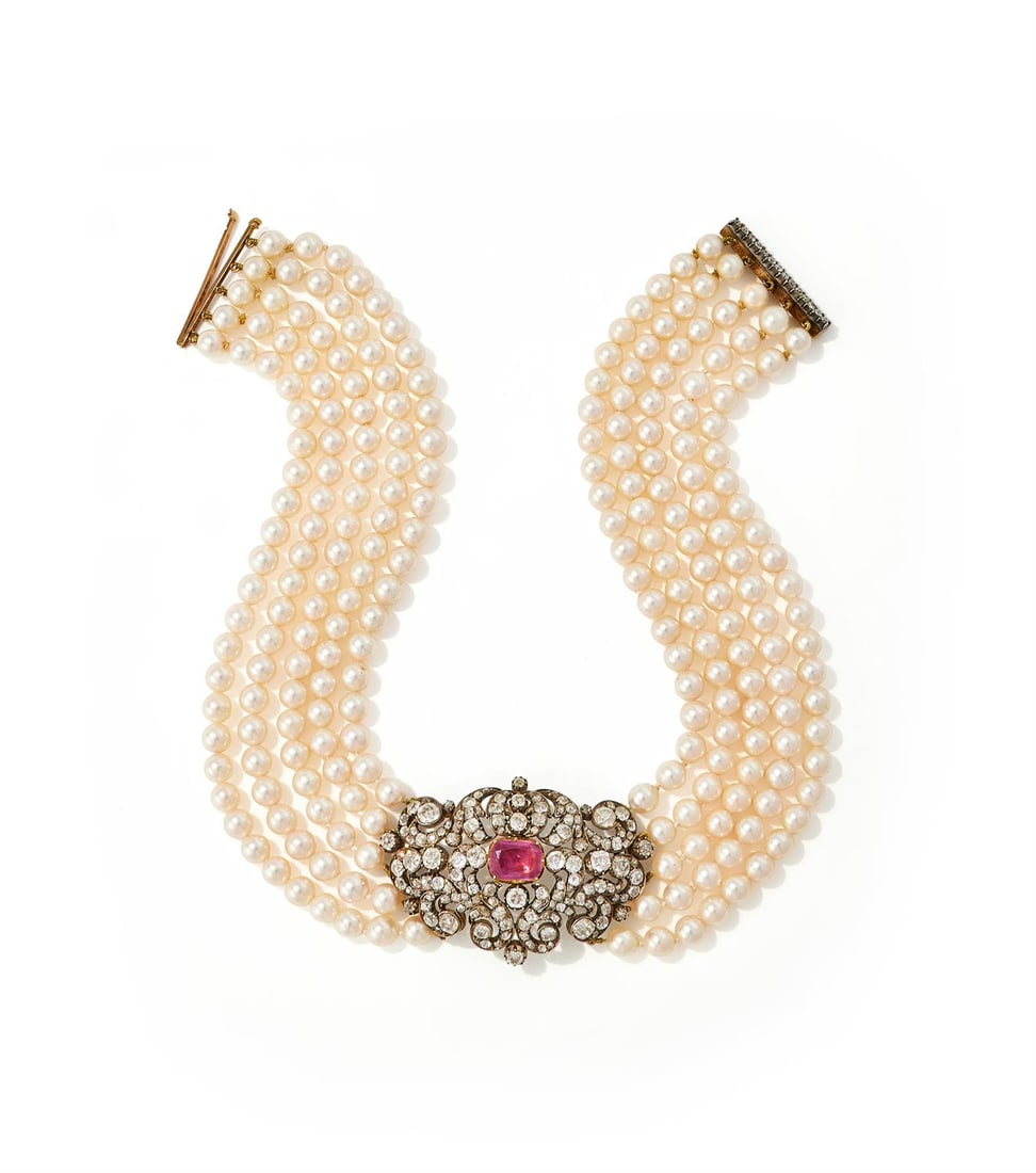 A PINK SAPPHIRE, DIAMOND AND CULTURED PEARL CHOKER (1 of 3)