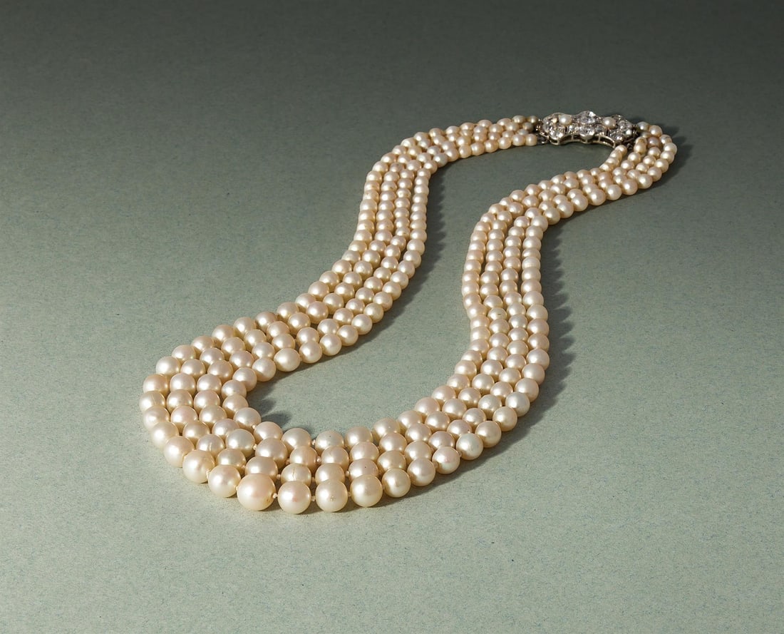 AN EARLY 20TH CENTURY FOUR ROW NATURAL PEARL AND DIAMOND NECKLACE: AN EARLY 20TH CENTURY FOUR ROW NATURAL PEARL AND DIAMOND NECKLACEThe four graduated rows of 3.2-8.3mm natural pearls on knotted strands, to a detachable old European cut diamond and pearl set pierced 