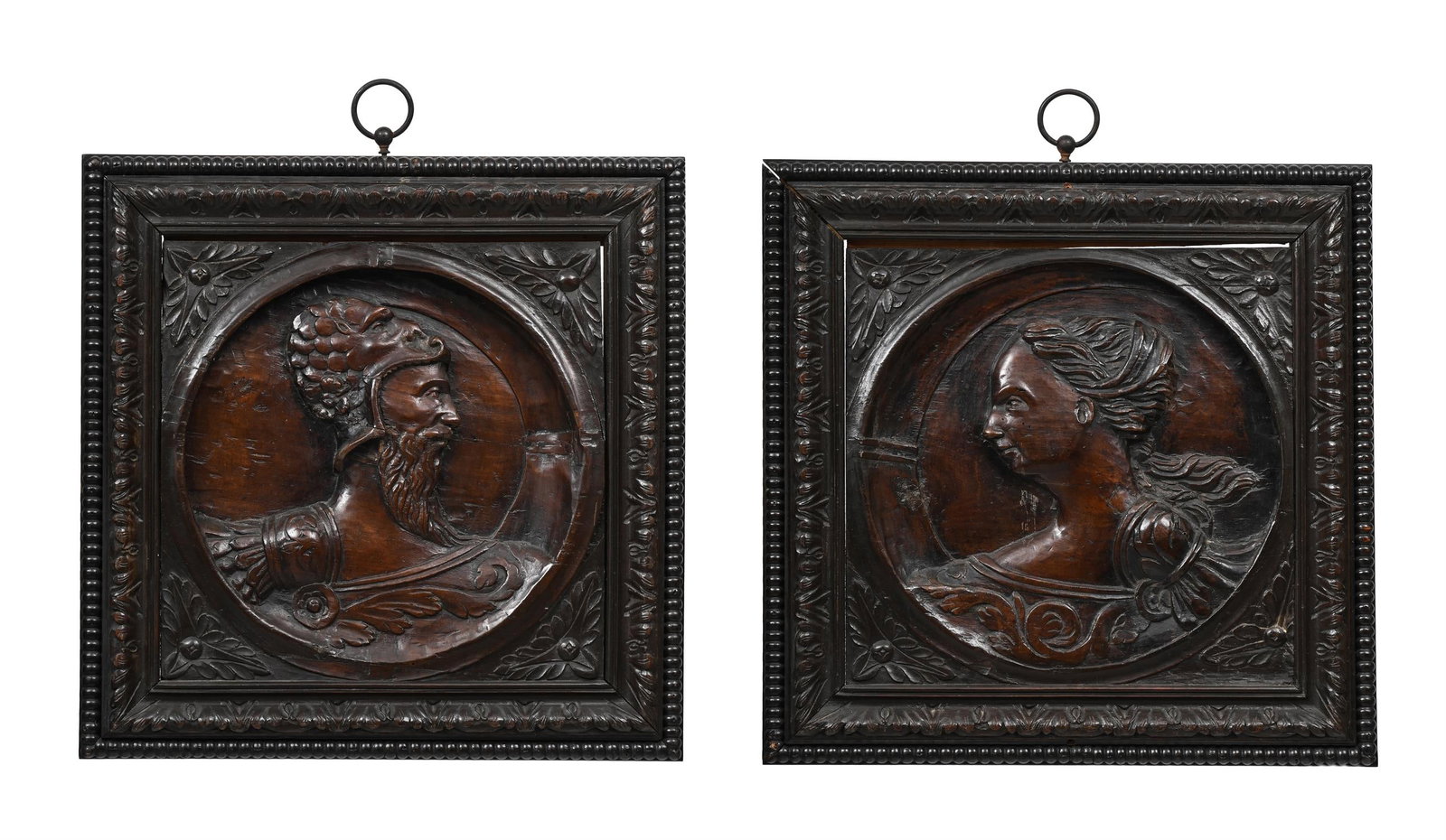 A RARE PAIR OF FRENCH CARVED WALNUT 'MYTHOLOGICAL ROMAYNE' PANELS, LATE 16TH CENTURY (1 of 5)